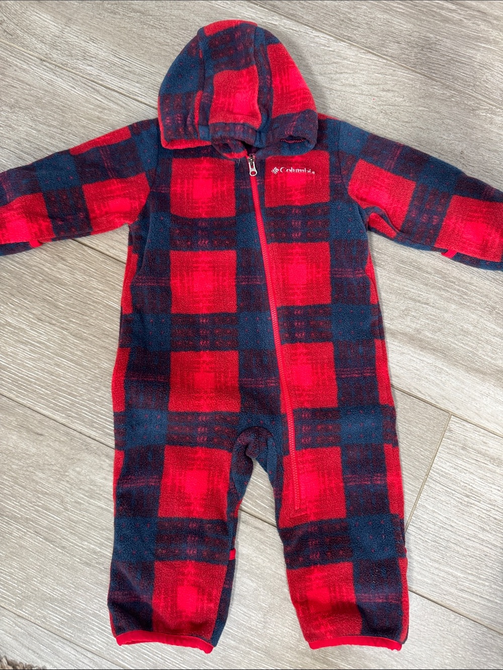 Columbia Red and Navy Plaid Fleece Hooded One-Piece